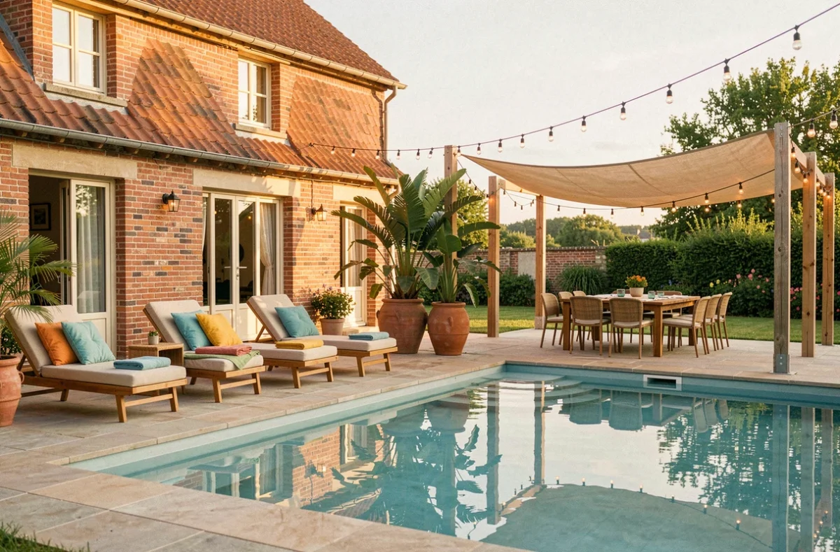 Location Airbnb avec piscine décorée et espace de vie extérieur dans les Hauts-de-France