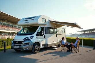 Camping-car stationné sur une aire de services au Mans avec les tribunes du circuit en arrière-plan