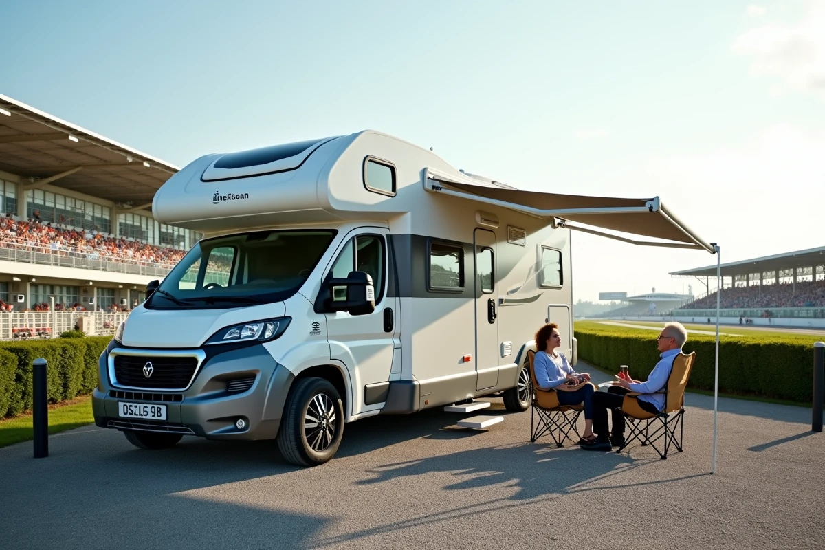 Camping-car stationné sur une aire de services au Mans avec les tribunes du circuit en arrière-plan