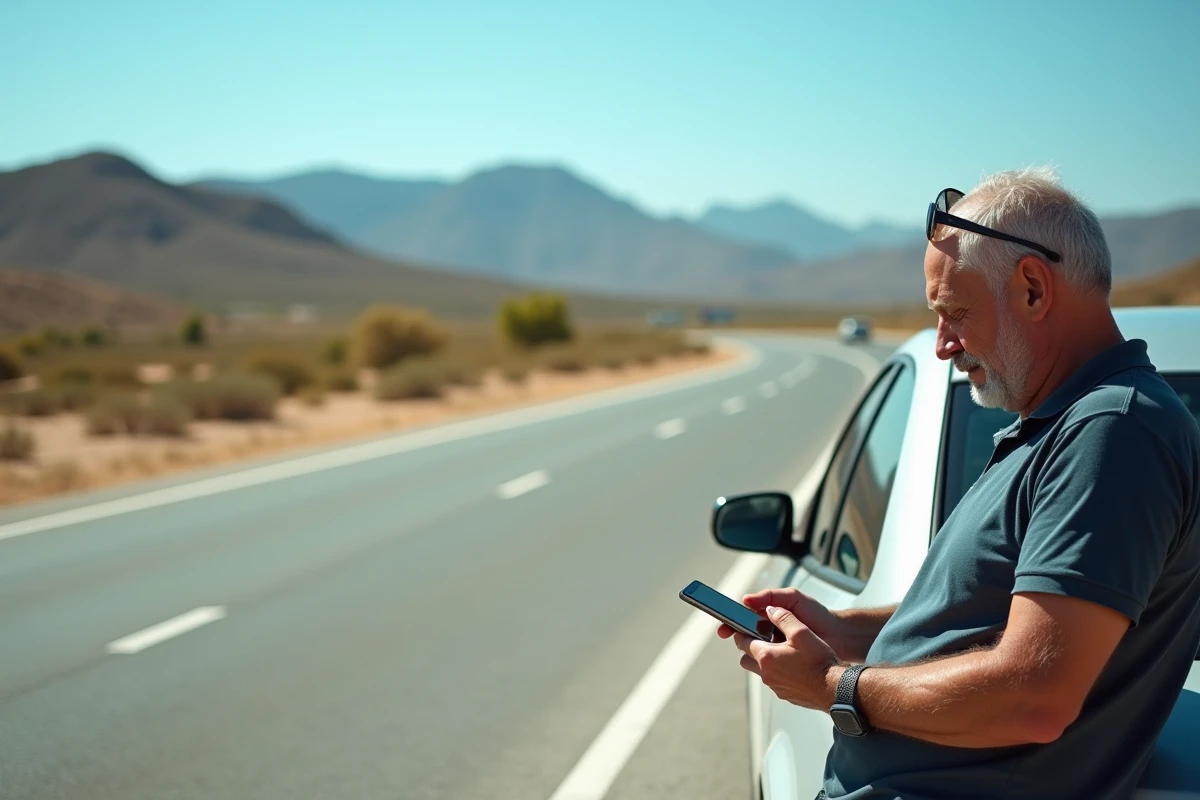 Voyageur consultant son GPS à une aire de repos sur une autoroute espagnole gratuite