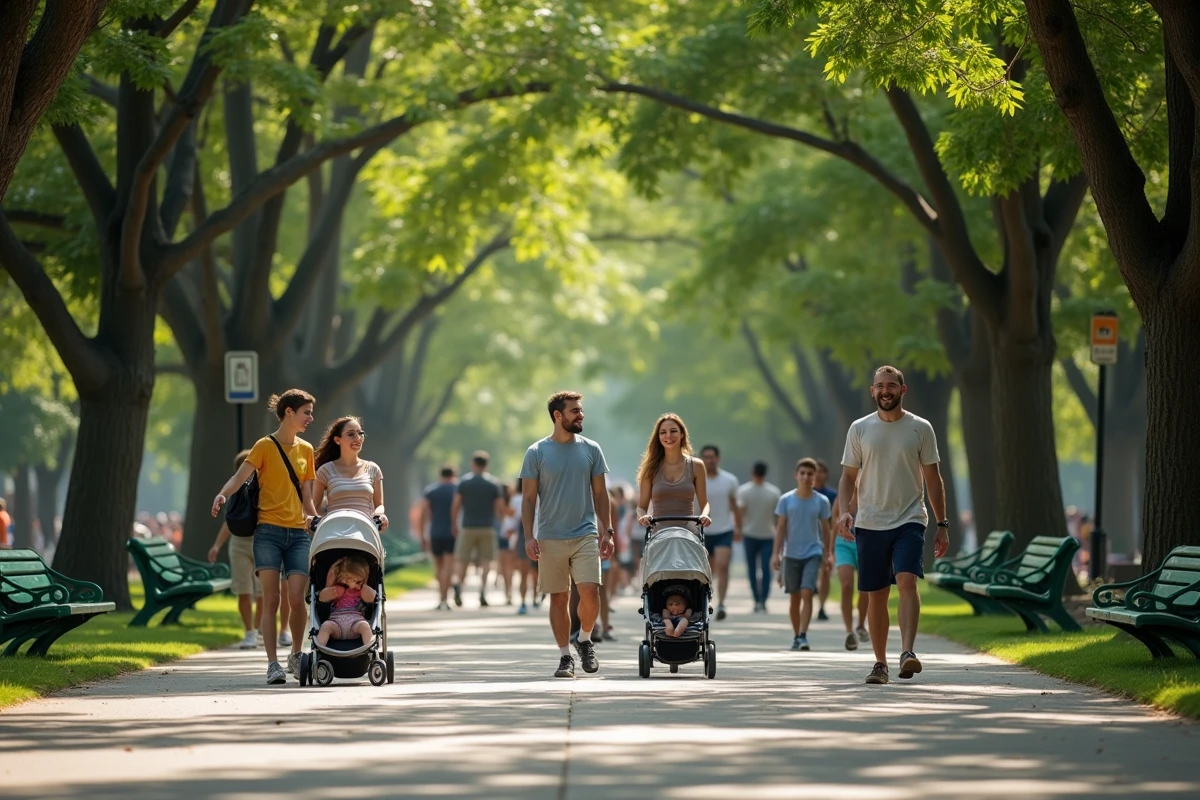 Des visiteurs se promenant sur une allée bordée d'arbres dans Corona Park à New York lors d'une journée estivale