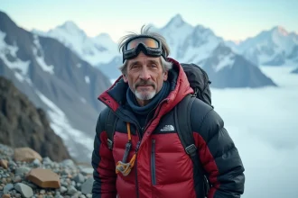 Alpiniste en combinaison haute altitude debout sur une crête rocheuse himalayenne avec des sommets enneigés en arrière-plan