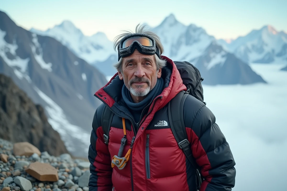 Alpiniste en combinaison haute altitude debout sur une crête rocheuse himalayenne avec des sommets enneigés en arrière-plan