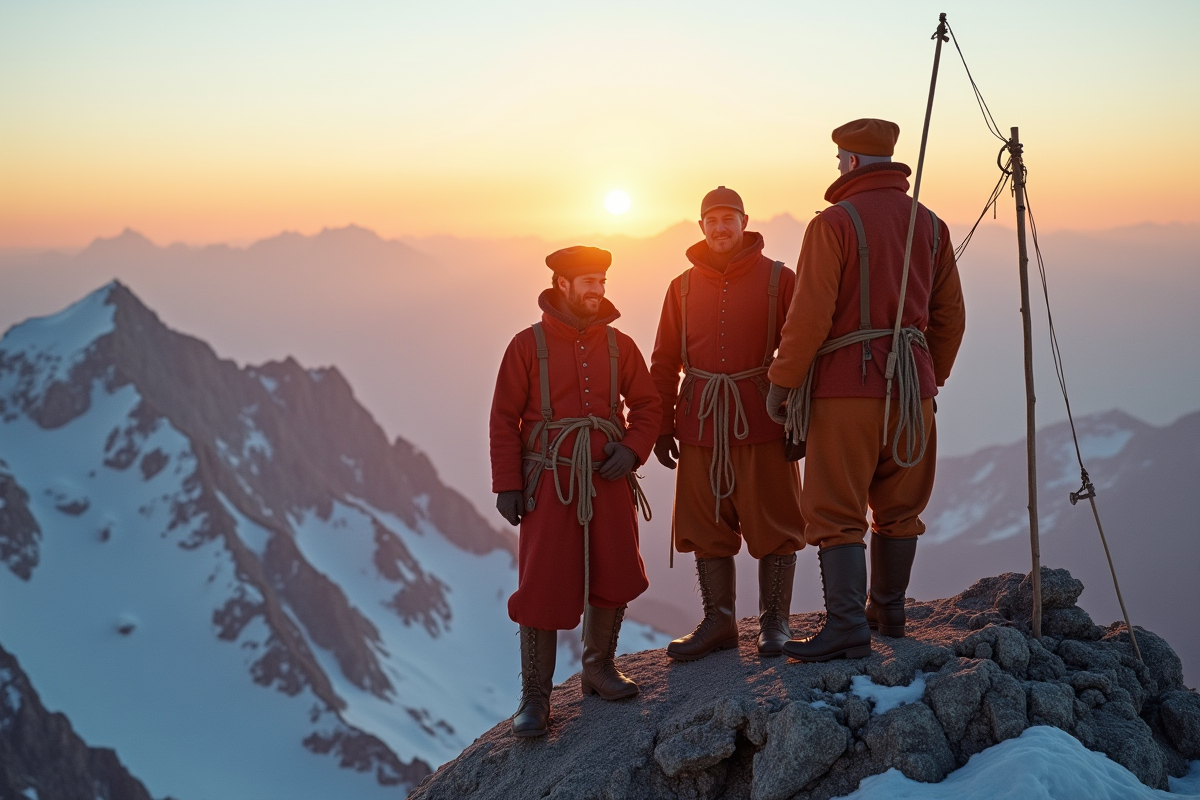 Montagnards du XIXe siècle en tenue en laine sur un sommet enneige au lever du soleil