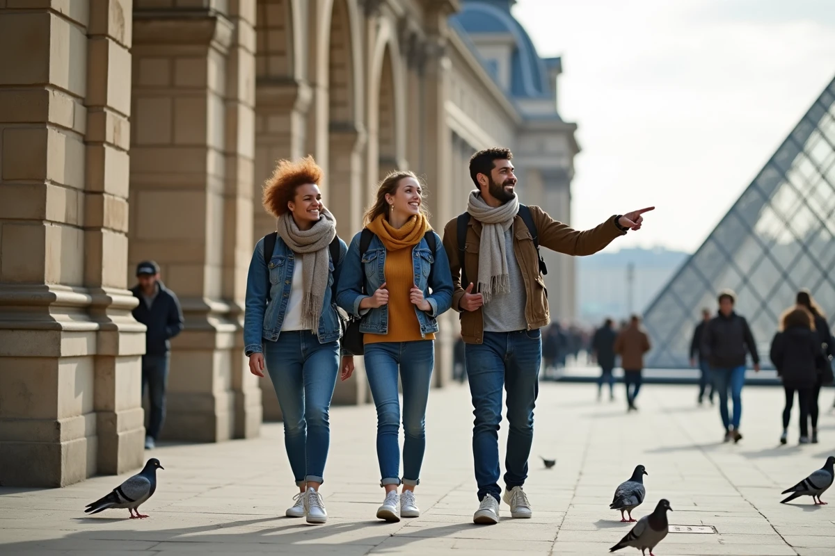 Groupe d'amis marchant vers la pyramide du Louvre le long de la Rue de Rivoli à Paris