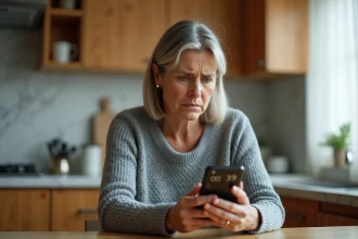 Femme inquiète regardant un appel entrant avec l'indicatif 00 39 sur son smartphone dans une cuisine