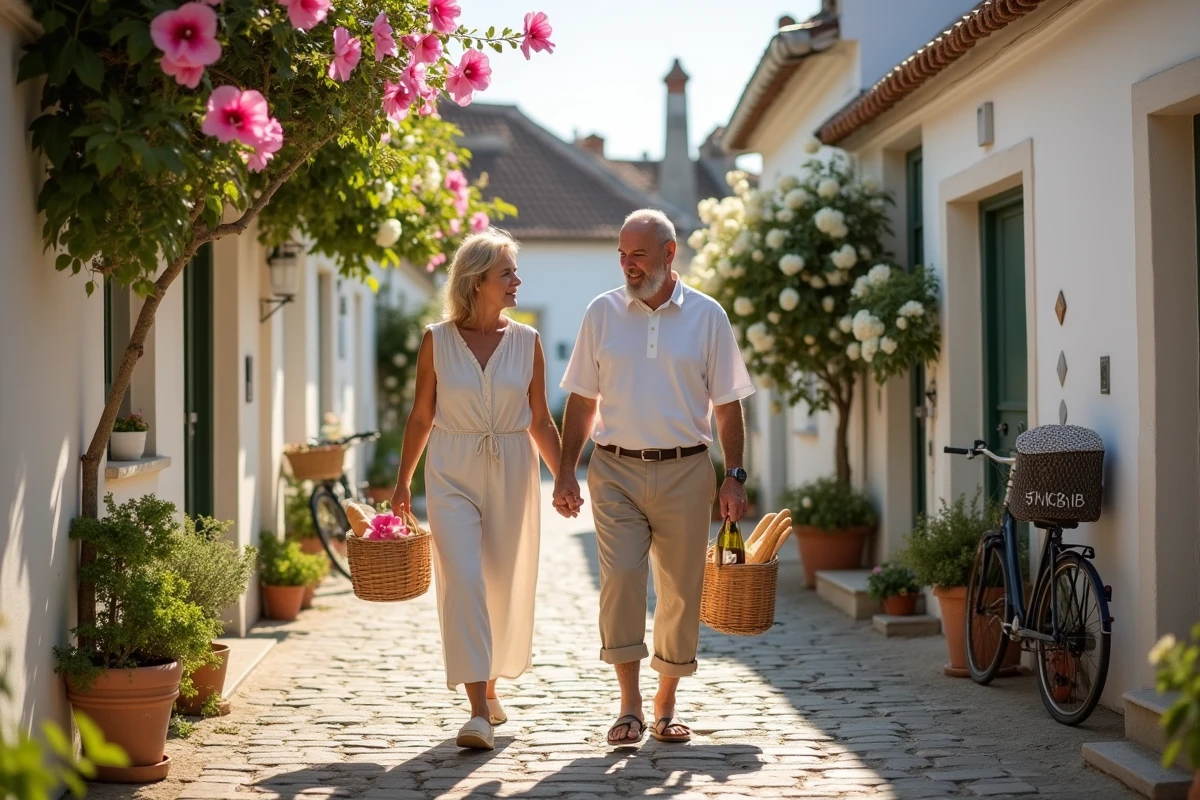 Couple se promenant dans une ruelle pavée de Saint-Martin-de-Ré avec un panier de marché rempli de produits locaux et des roses trémières le long des murs blancs