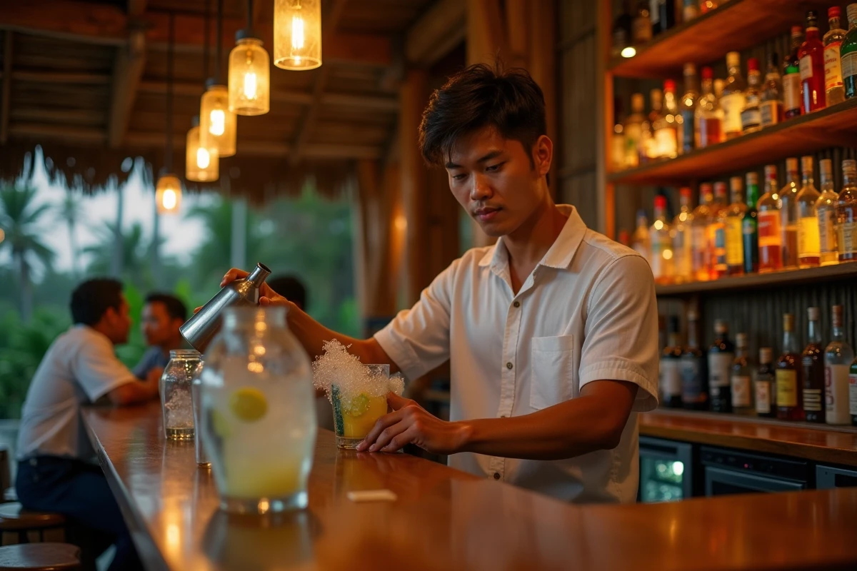 Barman préparant un cocktail dans un bar de plage à Kuta Lombok la nuit