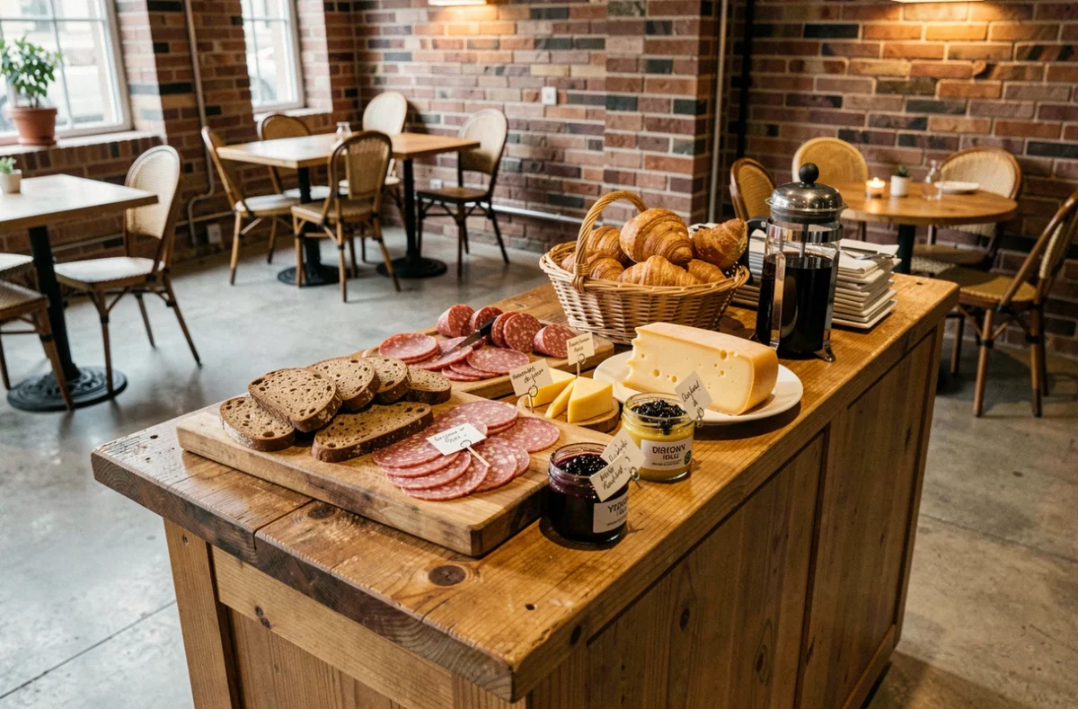 Buffet de petit-déjeuner dans un hôtel boutique de Dijon proposant des spécialités bourguignonnes, pain d'épices, fromages, charcuterie et confitures artisanales locales