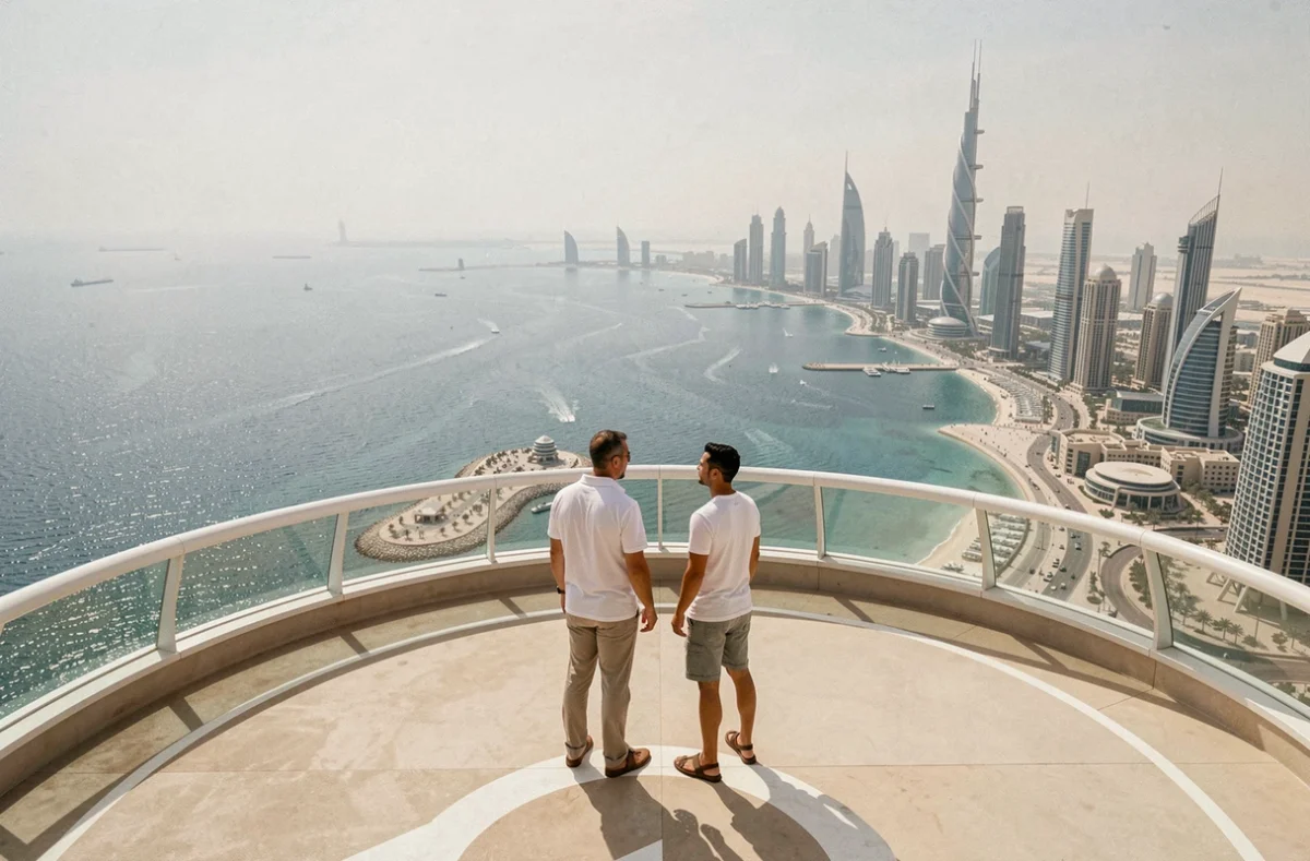 Couple observant le panorama de Dubaï depuis l'hélipad du Burdž Al Arab avec vue sur le golfe Arabique et les gratte-ciels