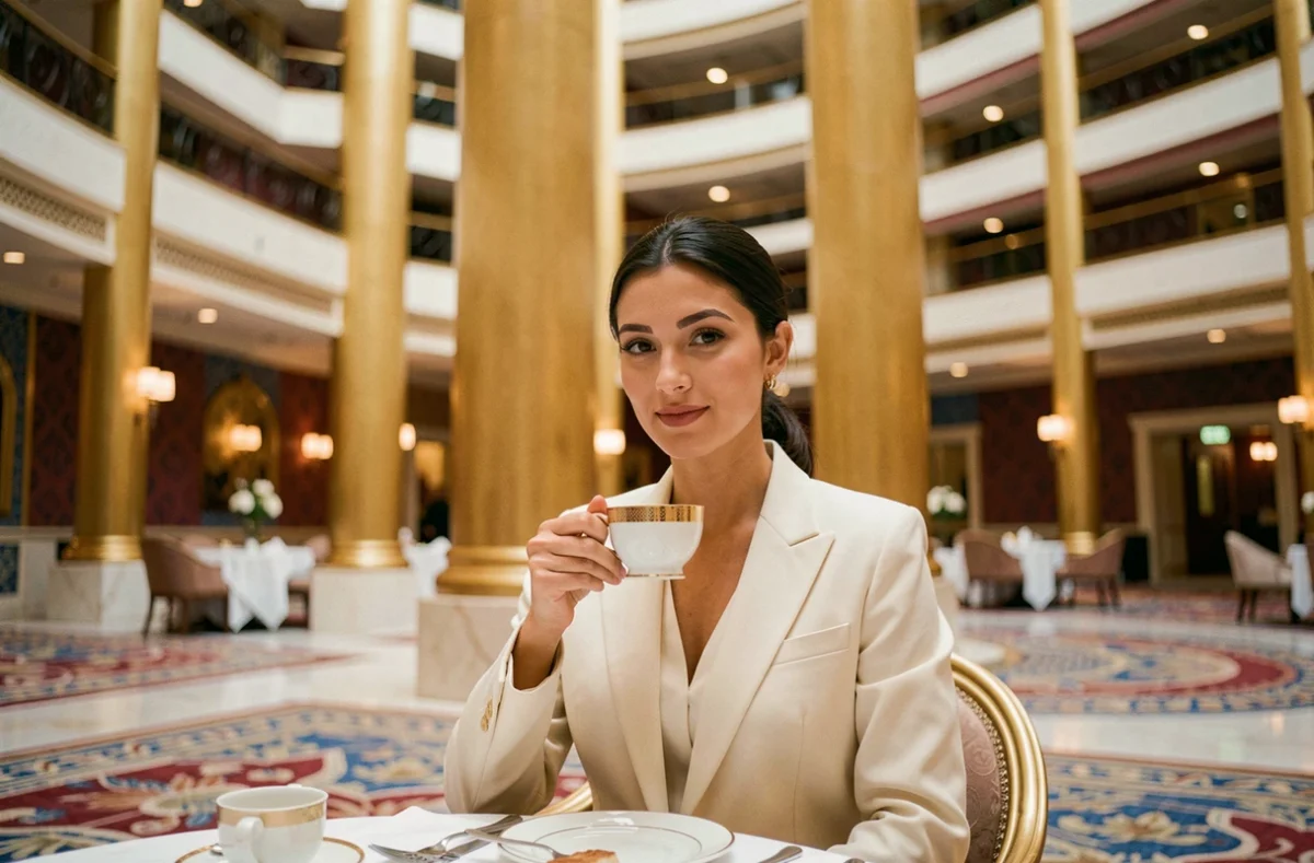 Femme élégante prenant le thé dans le restaurant luxueux à l'intérieur du Burdž Al Arab avec son décor opulent doré