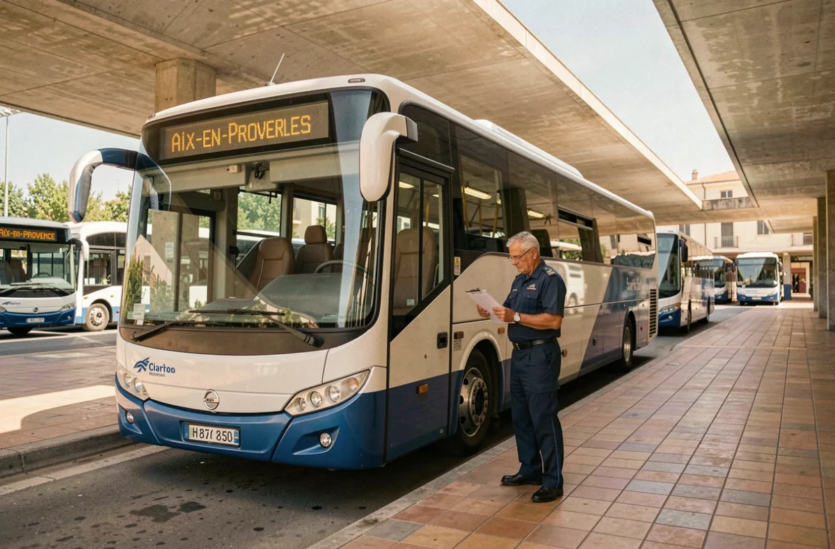 Car intercités garé au terminal de bus de Marseille Saint-Charles avec affichage Aix-en-Provence et chauffeur en uniforme