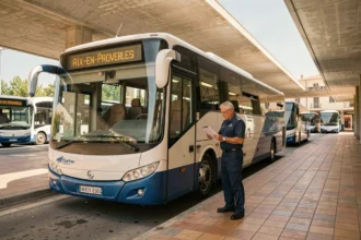 Car intercités garé au terminal de bus de Marseille Saint-Charles avec affichage Aix-en-Provence et chauffeur en uniforme