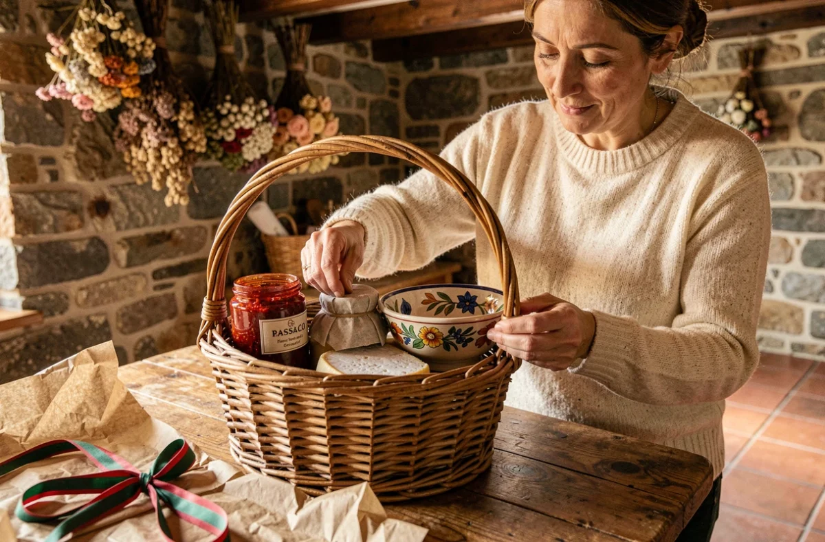 Femme préparant un panier cadeau avec des produits artisanaux du Pays basque, piment d'Espelette et céramique, dans une cuisine en pierre traditionnelle