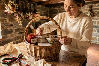 Femme préparant un panier cadeau avec des produits artisanaux du Pays basque, piment d'Espelette et céramique, dans une cuisine en pierre traditionnelle