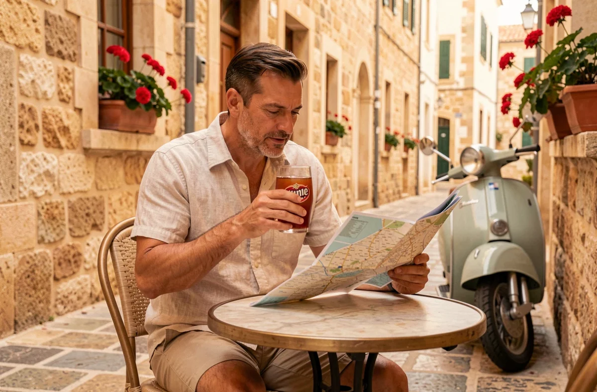 Homme attablé en terrasse d'un café de Saint-Julien à Malte, dégustant une boisson locale dans une ruelle en pierre calcaire