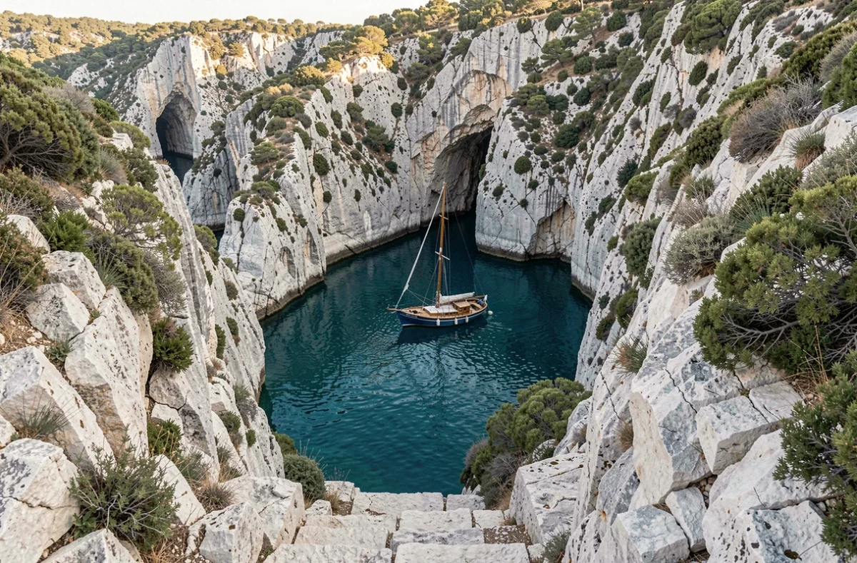 Calanque turquoise de Cassis avec falaises calcaires blanches et voilier ancré dans une eau translucide