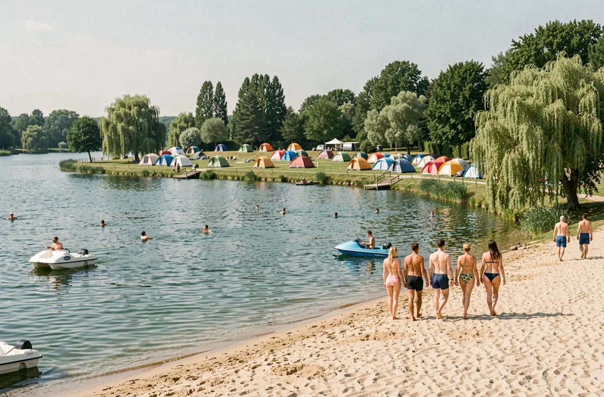 Plage et lac de loisirs animés avec pédalos et campeurs au Camping de la base de loisirs de Jablines-Annet en Seine-et-Marne