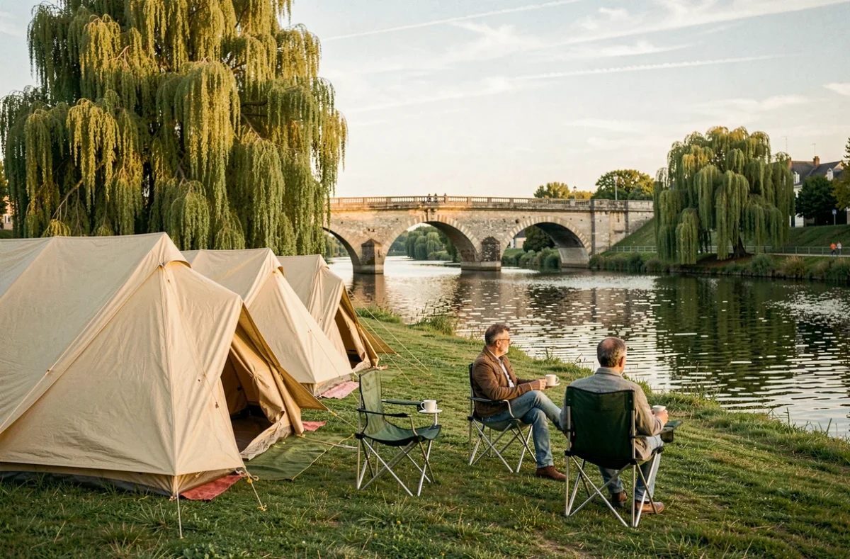 Couple installé en bord de Marne au Camping des Bondons à La Ferté-sous-Jouarre avec pont en pierre et saules pleureurs en arrière-plan