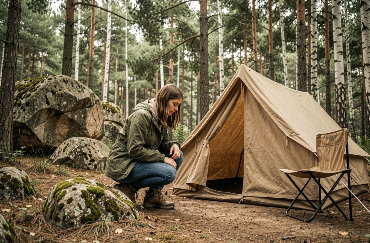 Campeur en pleine forêt de Fontainebleau près de La Chapelle-la-Reine avec rochers de grès et tente vintage au Camping Fontaineblhostel
