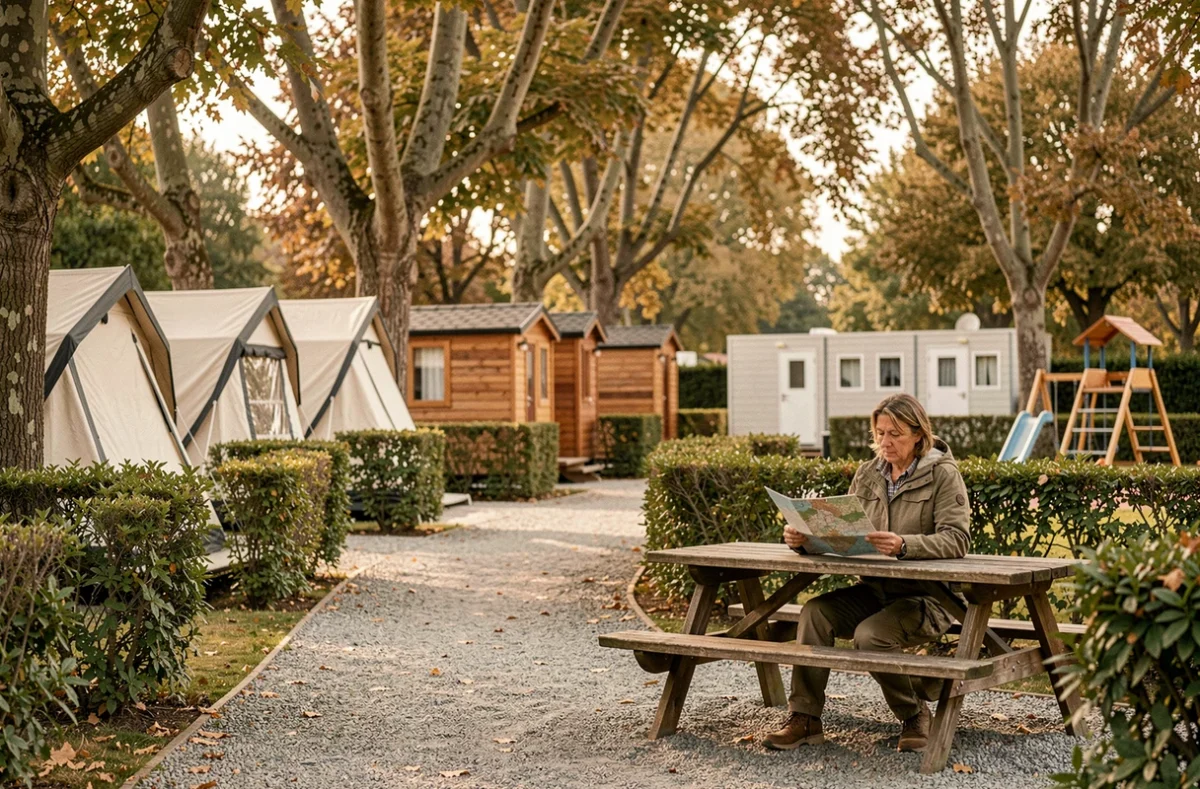 Emplacement soigné du Camping Le Parc de Paris à Villevaudé avec tentes, chalets en bois et allées ombragées par des châtaigniers