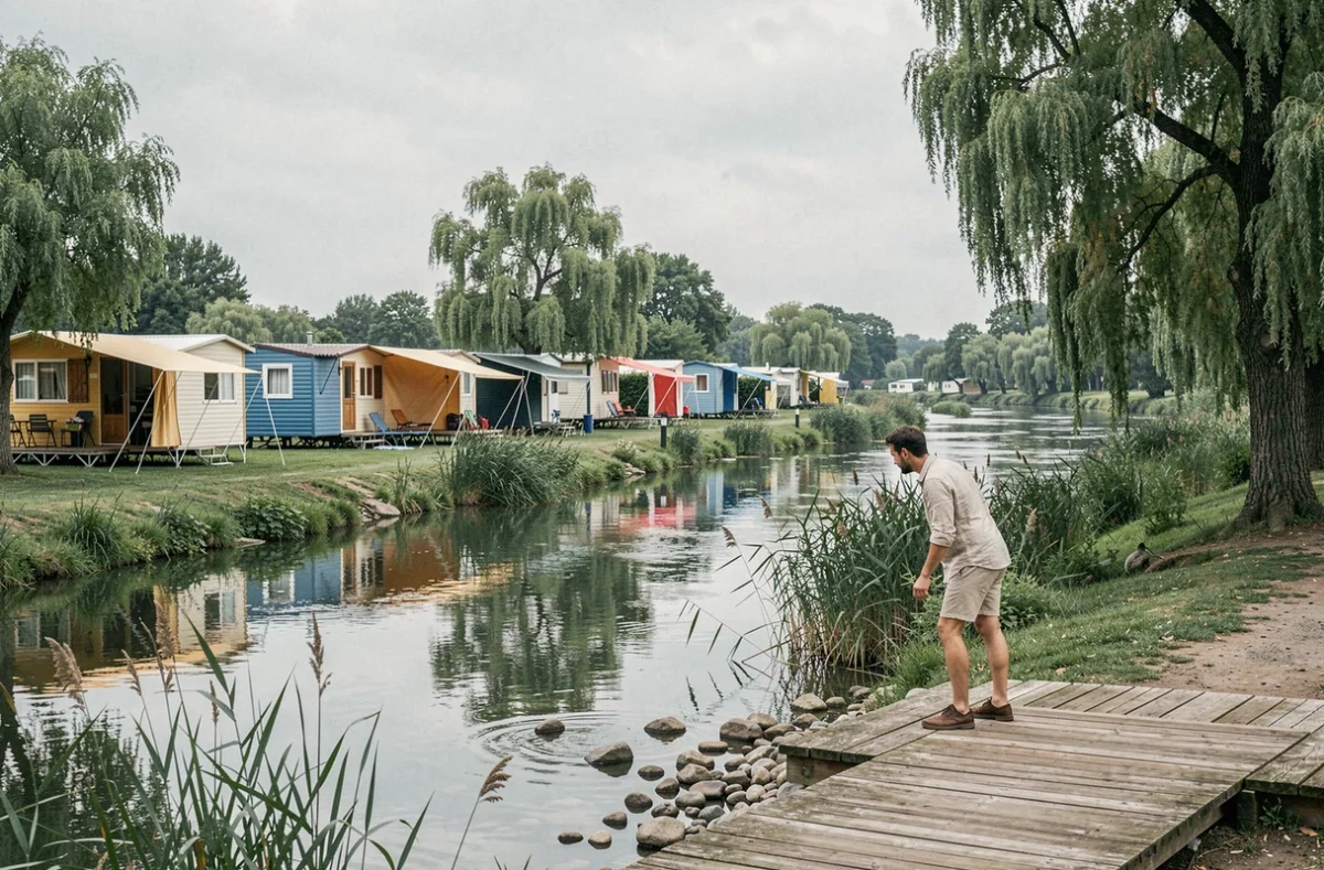 Vue sur les mobil-homes colorés et les berges de la Marne au Camping Le Village Parisien à Varreddes