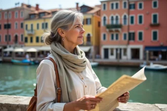 Femme regardant le canal de Dorsoduro à Venise