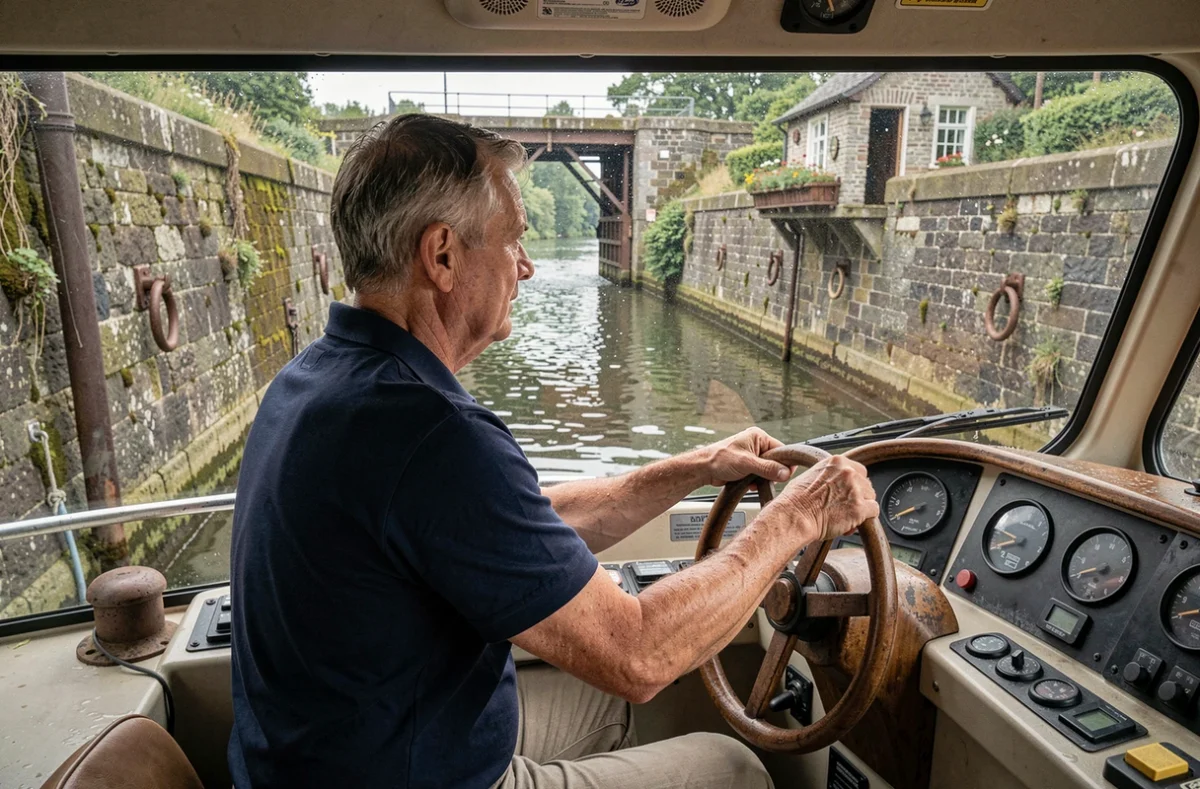 Capitaine de péniche manœuvrant dans une écluse en pierre sur la rivière Lot