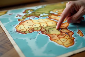 Carte physique de l'Afrique posée sur un bureau en bois avec un doigt pointant le Sénégal sur la côte ouest africaine