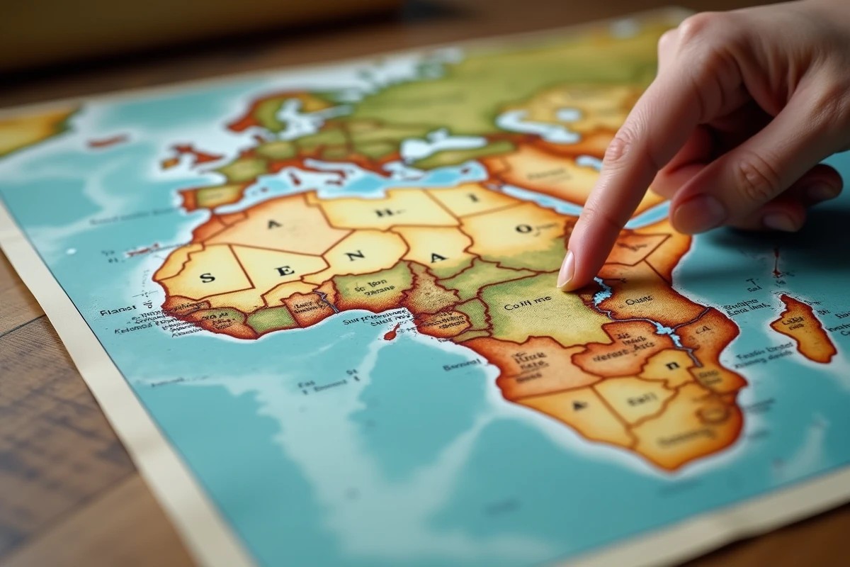 Carte physique de l'Afrique posée sur un bureau en bois avec un doigt pointant le Sénégal sur la côte ouest africaine