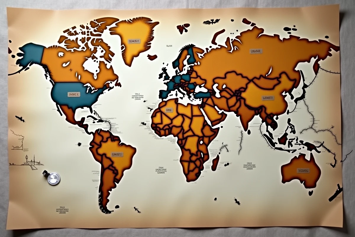 Vue aérienne d'une carte des fuseaux horaires monde avec montres analogiques posées sur les continents