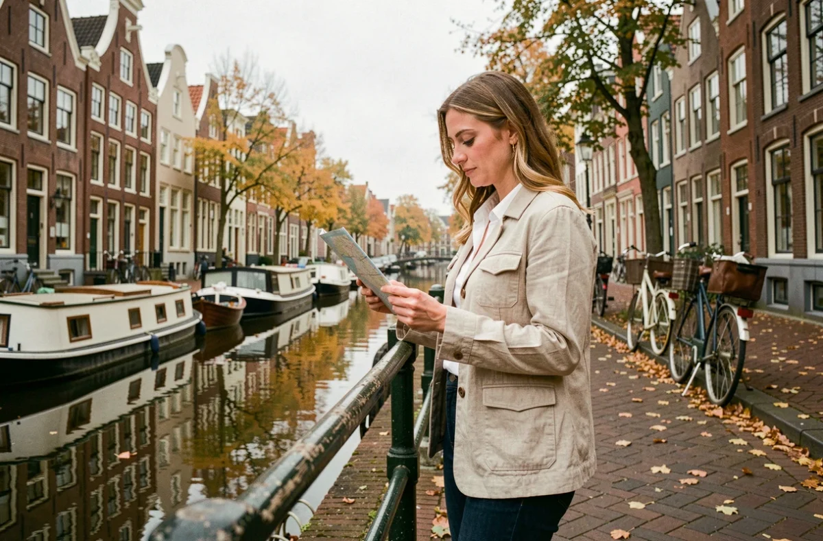Femme consultant une carte papier sur un pont de briques dans le quartier du Jordaan à Amsterdam, avec des maisons à pignon et un canal en arrière-plan