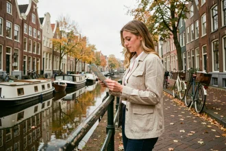 Femme consultant une carte papier sur un pont de briques dans le quartier du Jordaan à Amsterdam, avec des maisons à pignon et un canal en arrière-plan