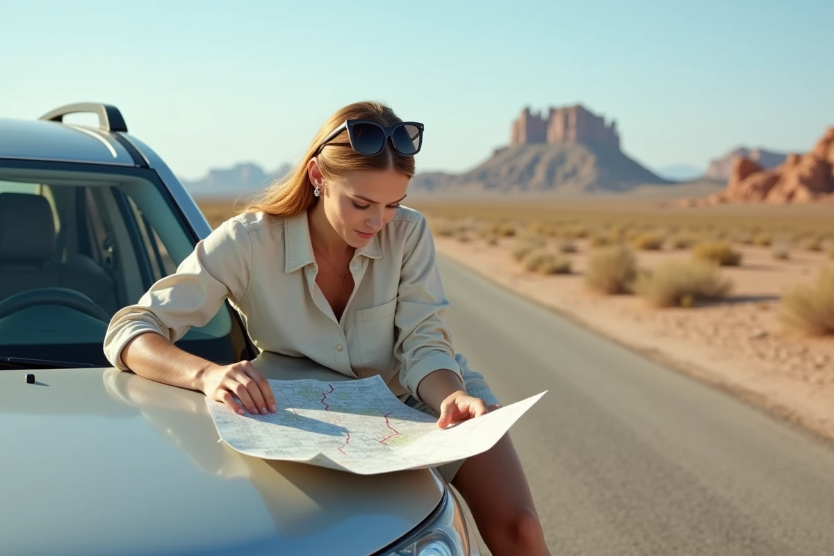 Femme consultant une carte routière sur le capot d'un SUV dans le désert de Mojave entre Las Vegas et Los Angeles