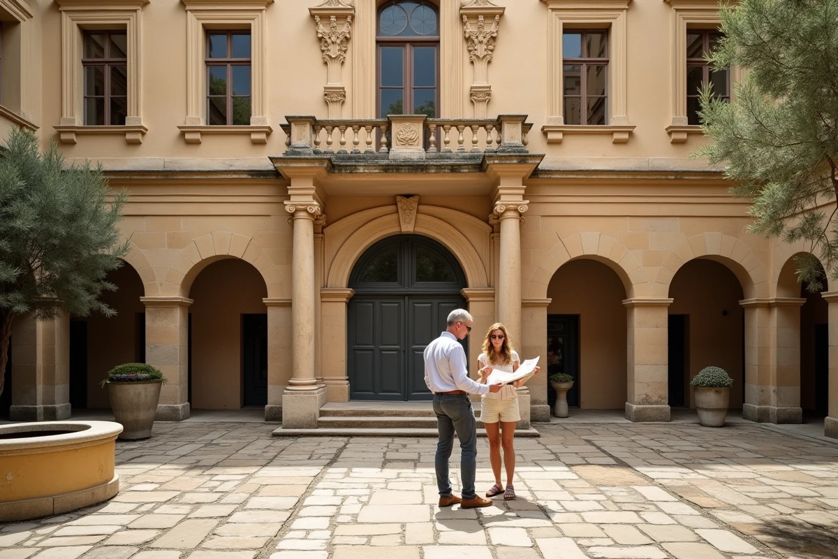 Couple de touristes explorant la cour intérieure du château Renaissance de Gordes avec ses façades en pierre calcaire sculptée