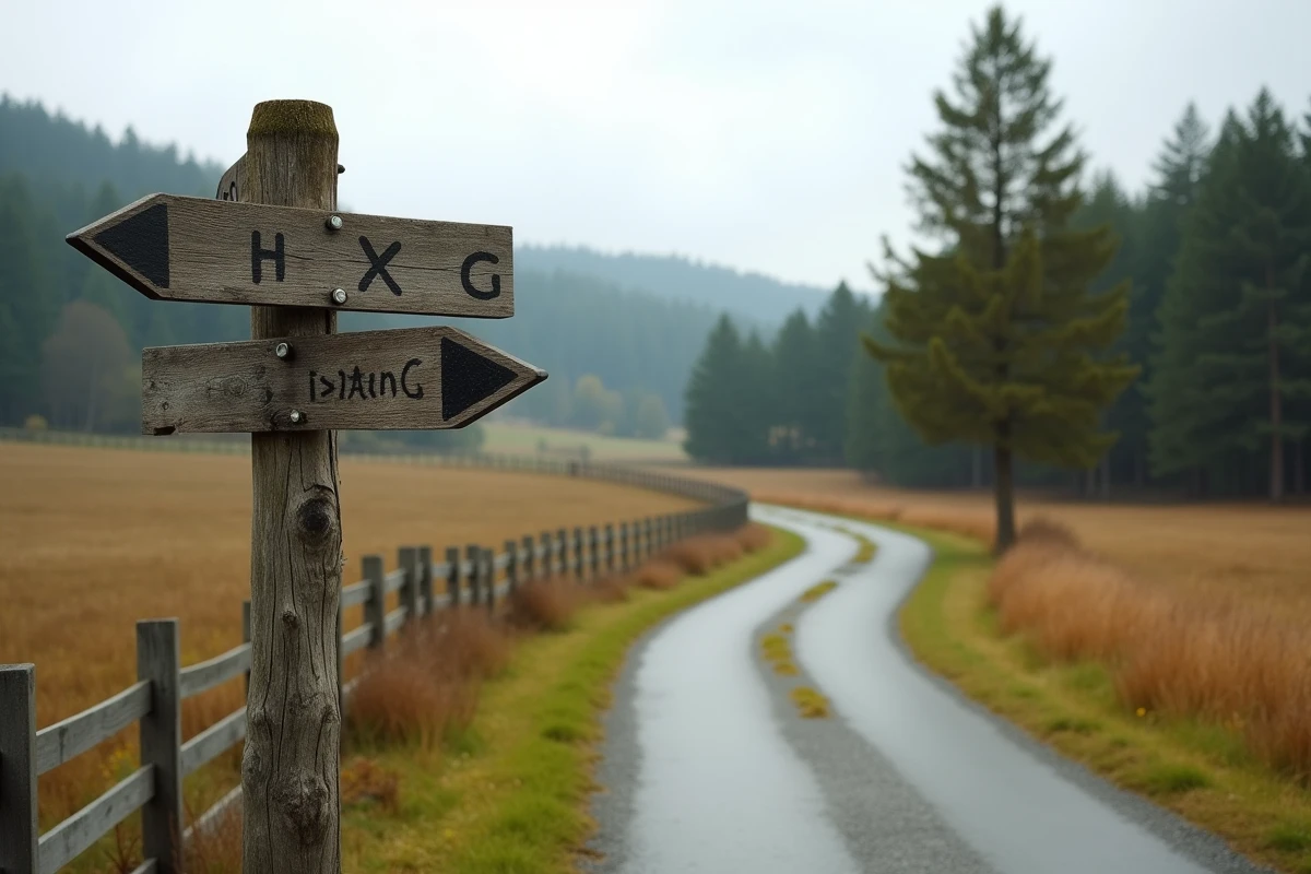 Chemin de campagne sinueux avec un panneau indicateur en bois dans la campagne bavaroise de Gummering, entouré de prairies et de forêts de pins