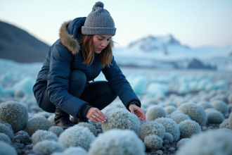 Scientifique observant des mousses de glacier dans un paysage glacé