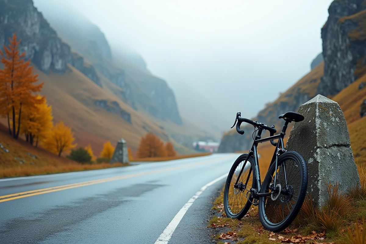 Col du Petit-Saint-Bernard en automne avec feuillage doré des mélèzes, brume matinale et vélo de voyage au bord de la route