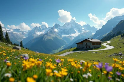 Vue panoramique du Col du Petit-Saint-Bernard en été avec prairies alpines fleuries et route sinueuse sous un ciel bleu vif