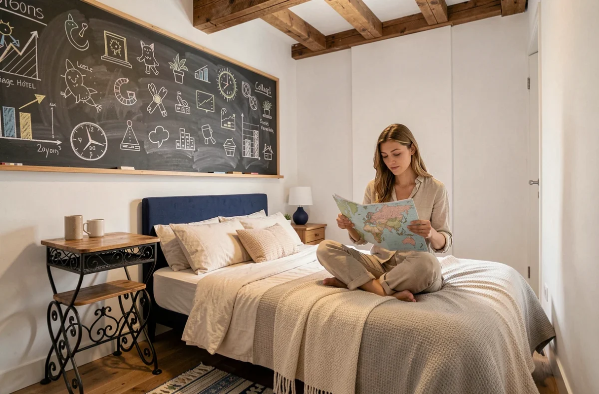 Chambre thématique au décor scolaire vintage de l'hôtel Collège dans le 5e arrondissement de Lyon