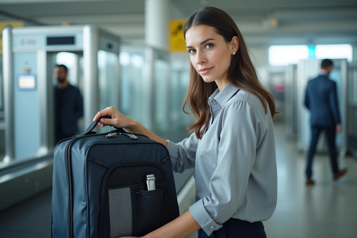 Femme déposant son bagage avec un rasoir électrique sur le tapis du contrôle de sécurité à l'aéroport