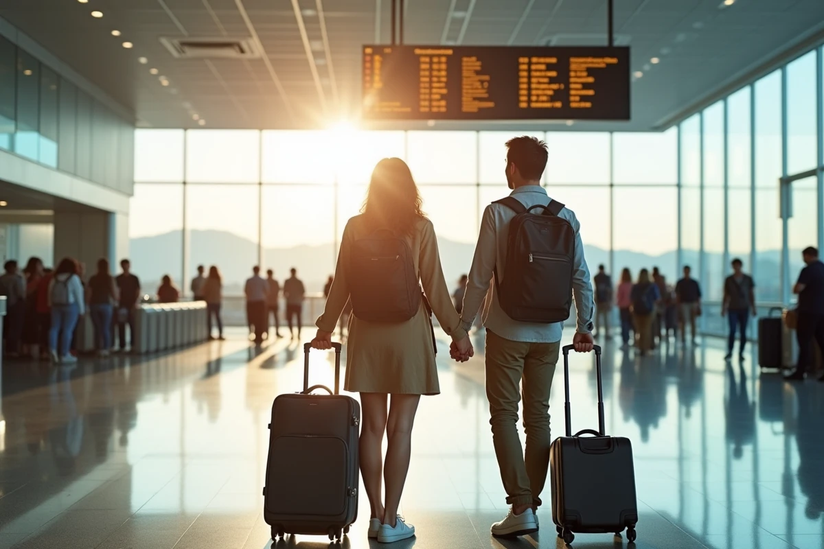 Couple avec bagages à l'aéroport consultant le tableau des départs pour un voyage Leclerc de dernière minute