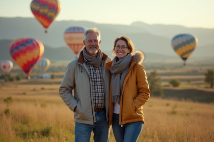 Couple souriant regardant un ballon coloré en plein déploiement