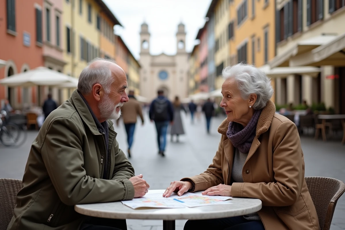 Couple âgé discutant dans un café italien avec tickets et cartes