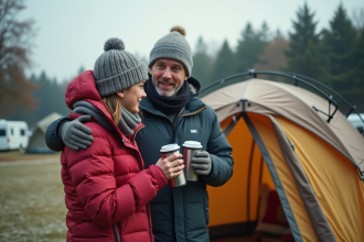 Couple d'adultes partageant un café au camping d'hiver