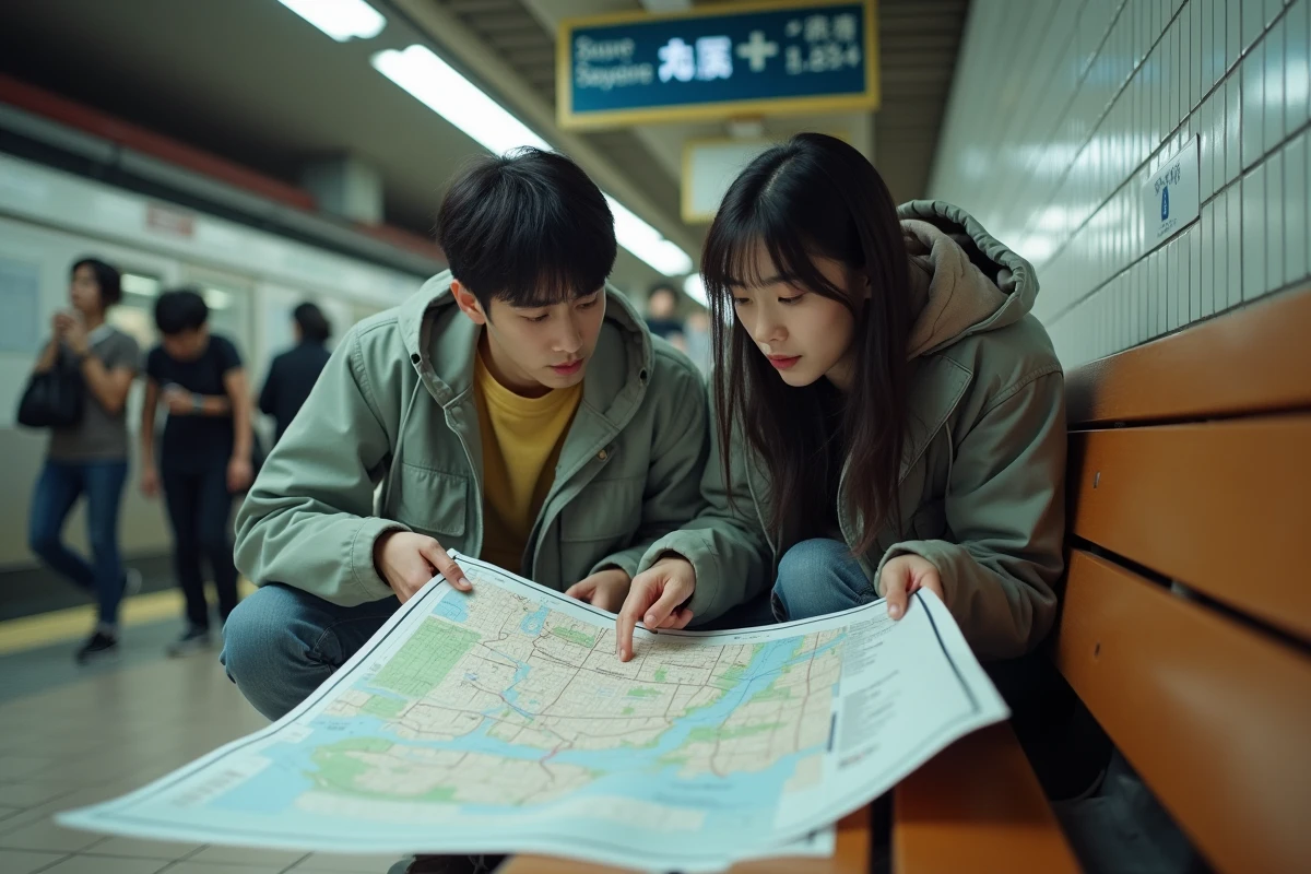 Couple de voyageurs étudiant un plan du métro de Tokyo dans une station de train japonaise avant un long séjour