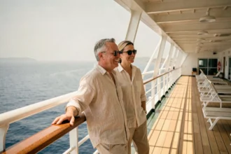 Couple de voyageurs souriants sur le pont d'un bateau de croisière Costa en Méditerranée