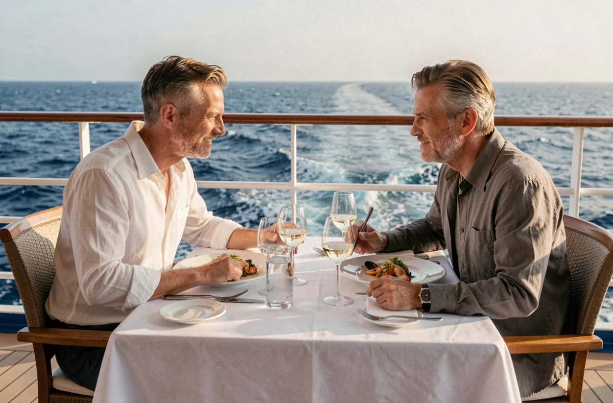 Couple dînant en plein air sur le pont arrière d'un navire de croisière avec une vue panoramique sur l'océan