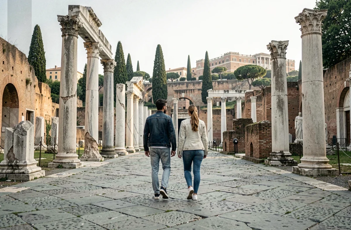 Couple se promenant dans le Forum Romain parmi les ruines antiques de colonnes et d'arches en marbre à Rome