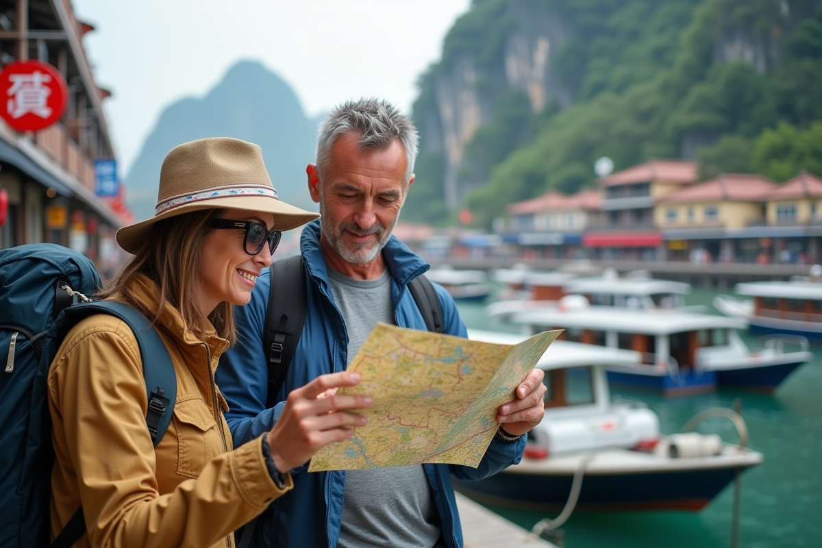 Couple français consultant une carte au port d